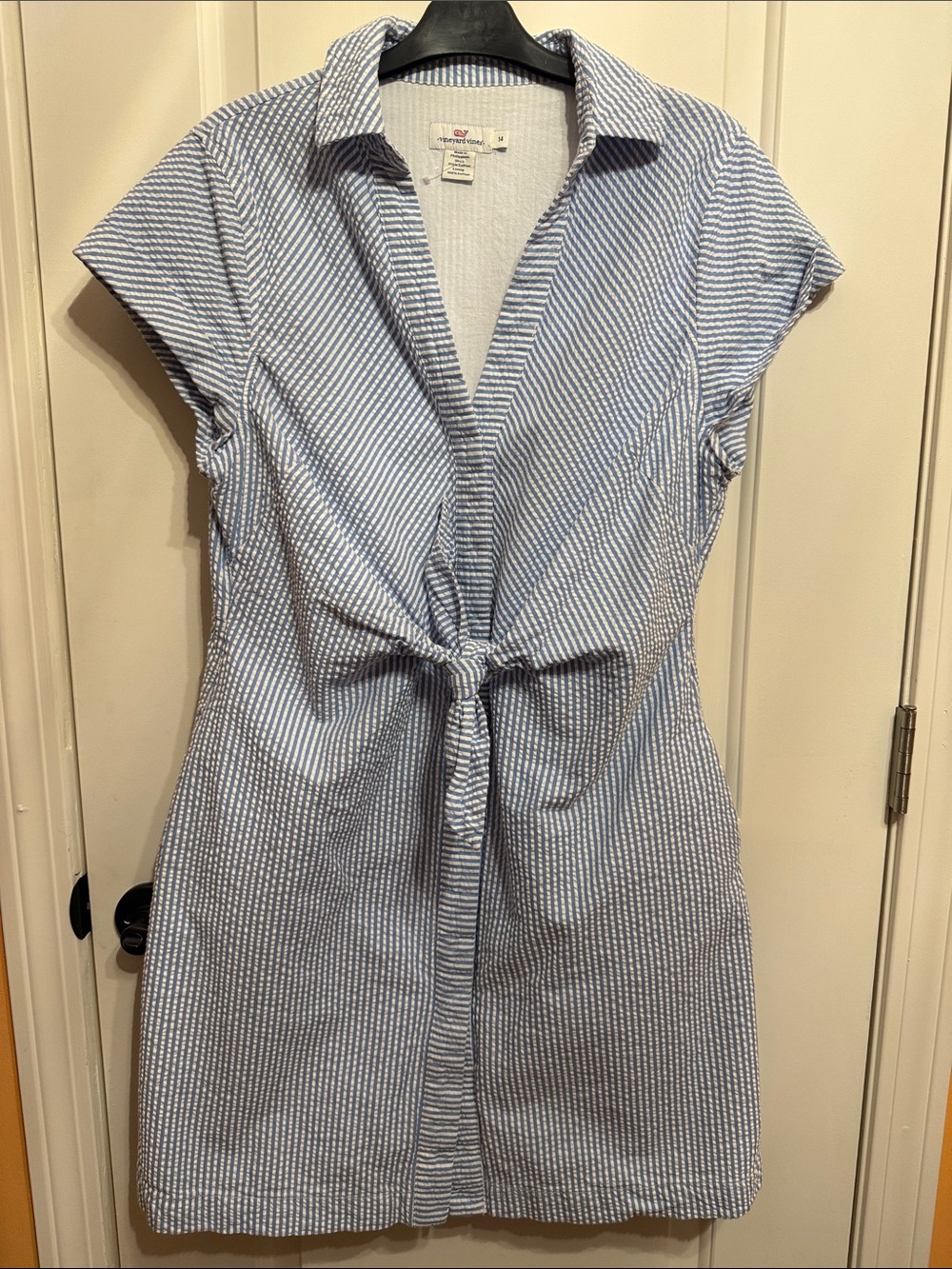 Vineyard Vines Light Blue and White Striped Tie-Front Shirt Dress